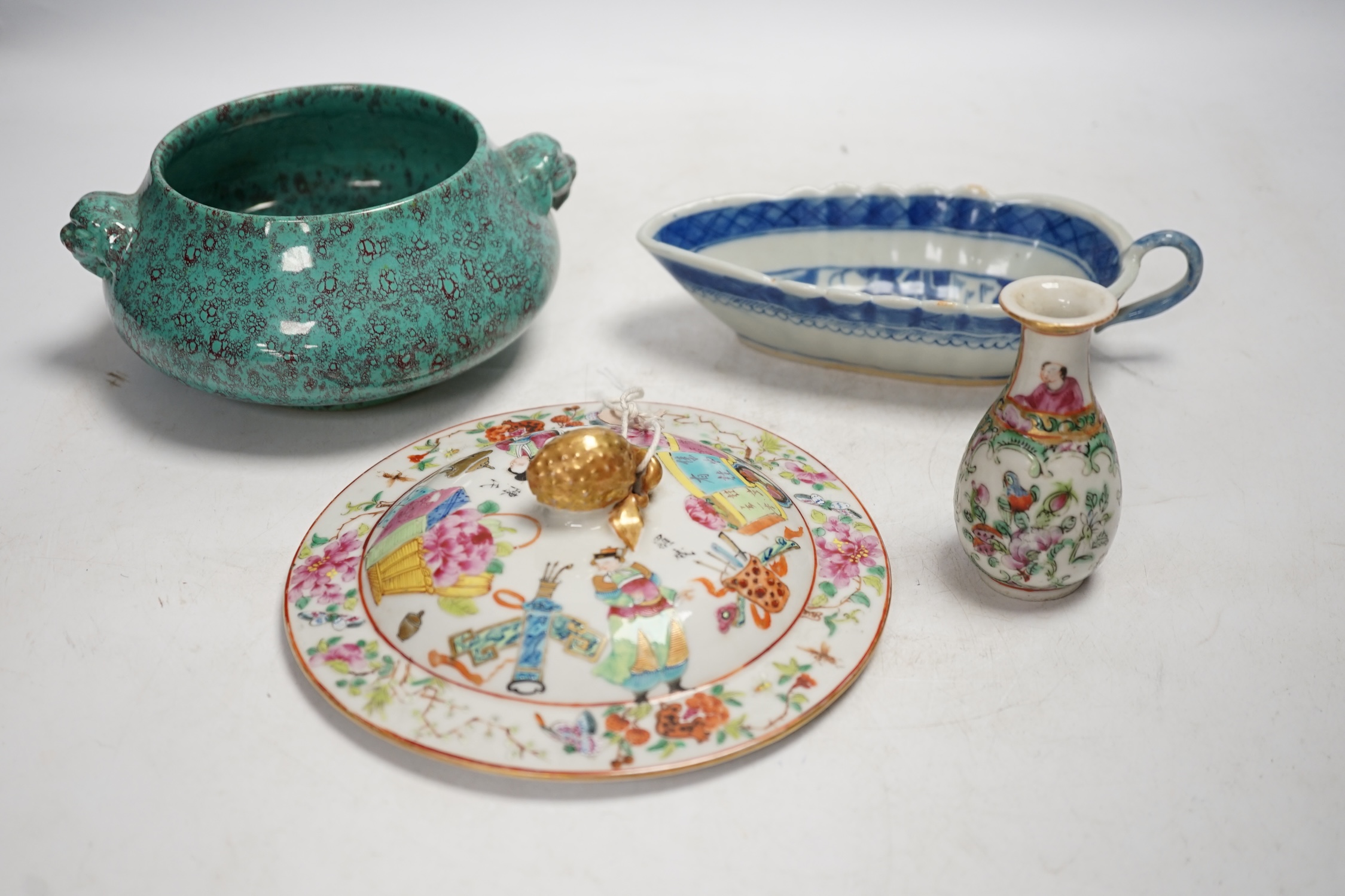A Chinese robin’s egg glazed censer, a blue and white sauce boat and two famille rose items, largest 17cm diameter. Condition - fair to good